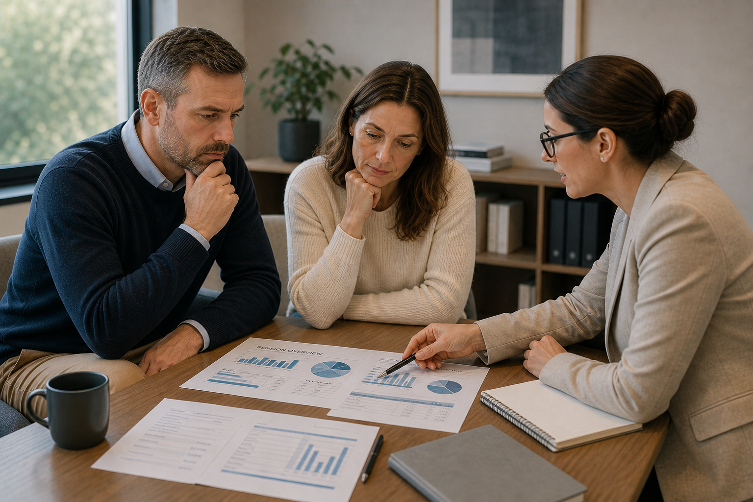 A family sitting together and talking in a calm way, with a mediator supporting the conversation